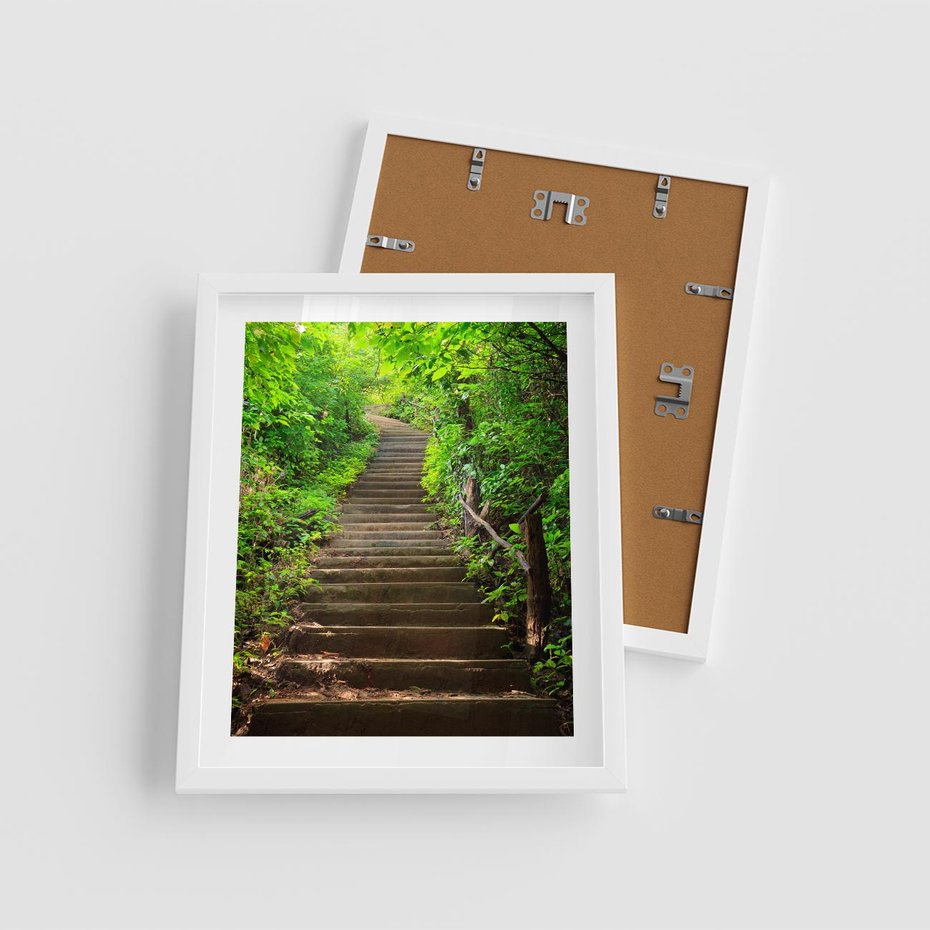 Plakat w ramie 40x50 - Lasowa ścieżka pełna tajemnic - ścieżka, schody - rama biała