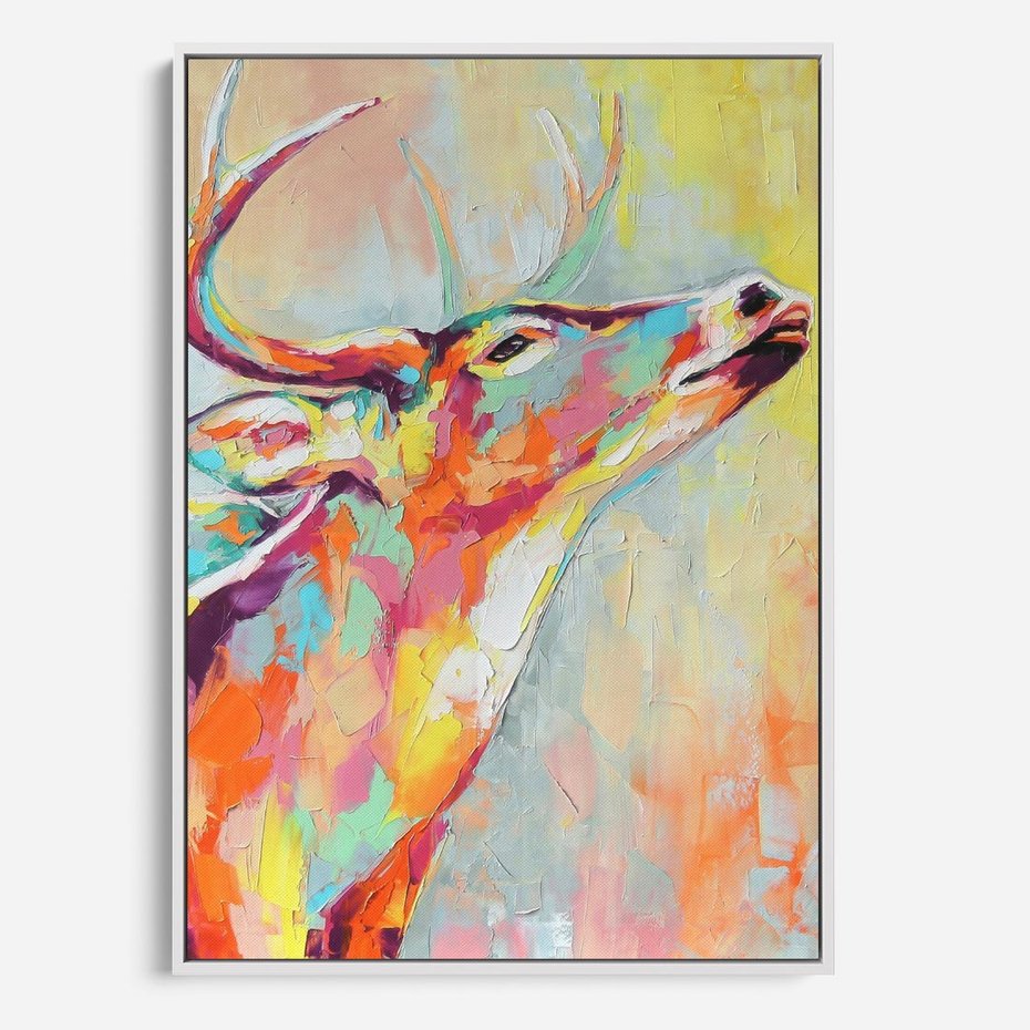 Obraz w ramie 50x70 - Impresje snów malarza - kolorowy olejny obraz, jeleń ryczący na rykowisku - rama biała