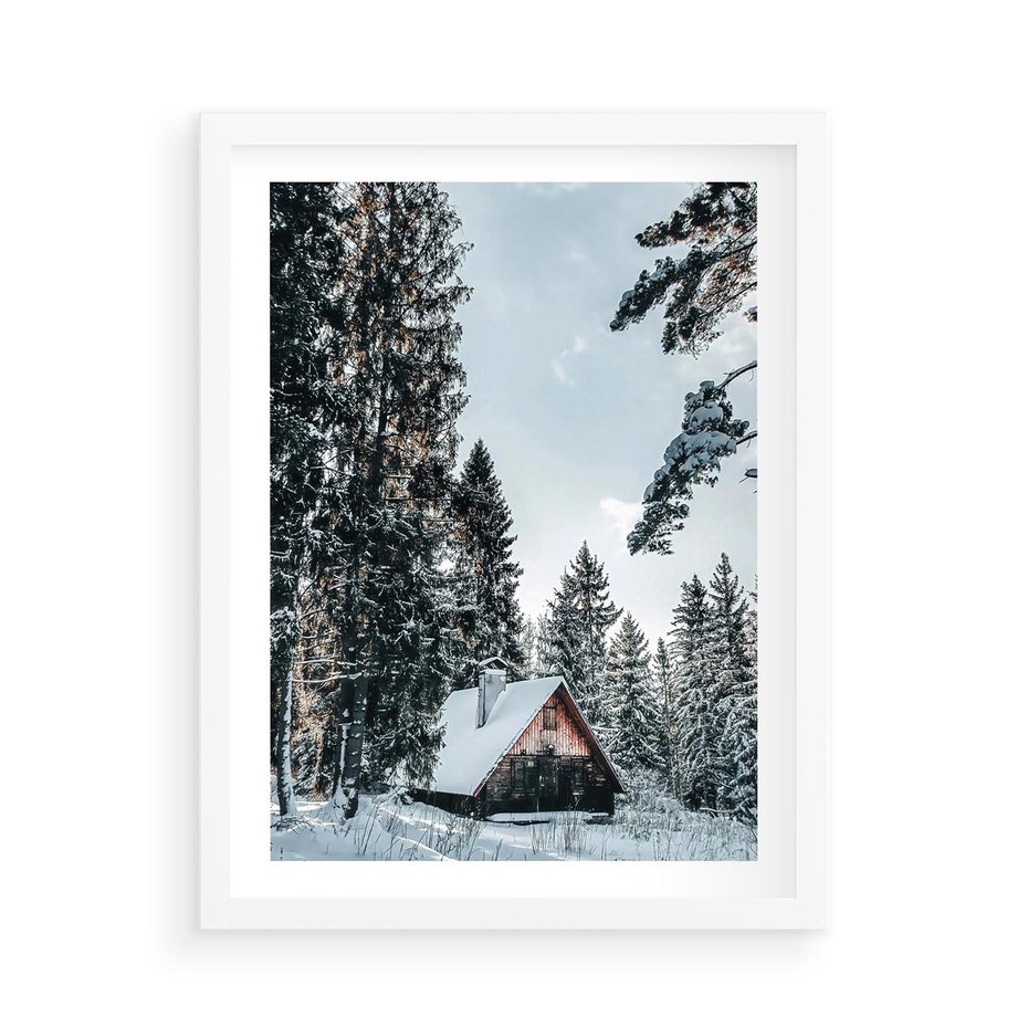 Plakat w ramie 50x70 - Górska Uroda Zimą: Dom w Śniegu - domek w górach, zima - rama biała