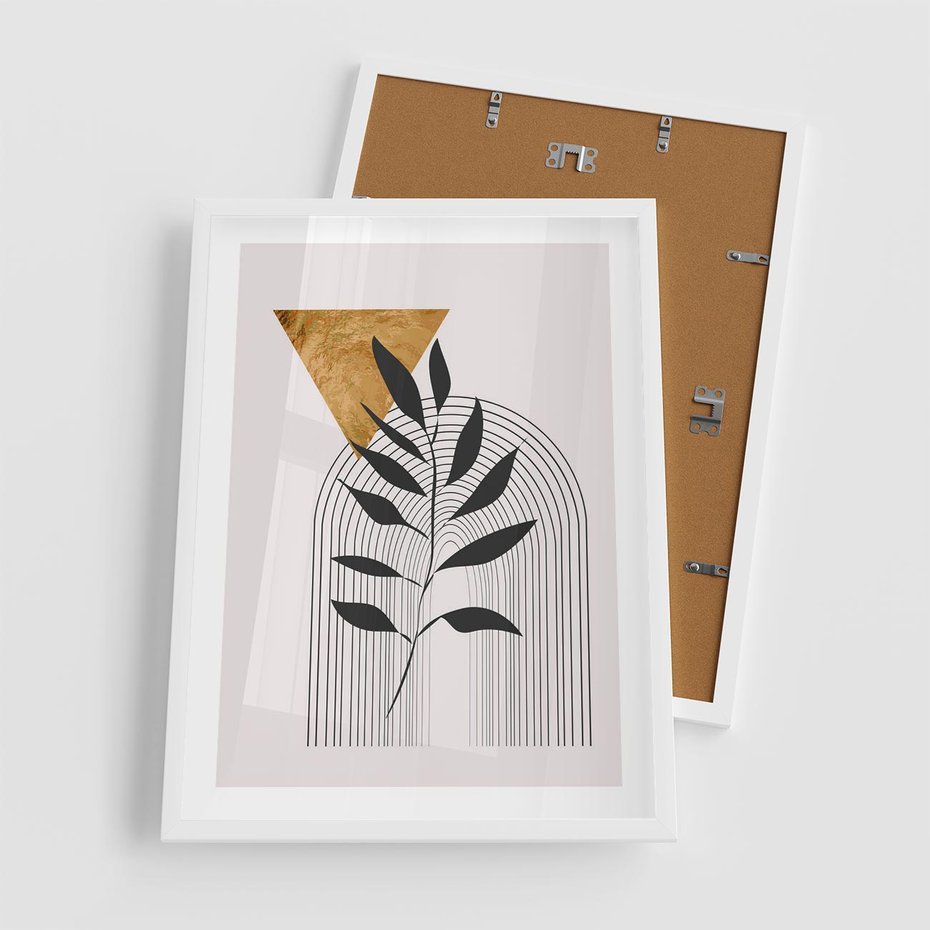 Plakat w ramie 50x70 - Geometria z Elementami Złota i Liści - grafika, złoto - rama biała