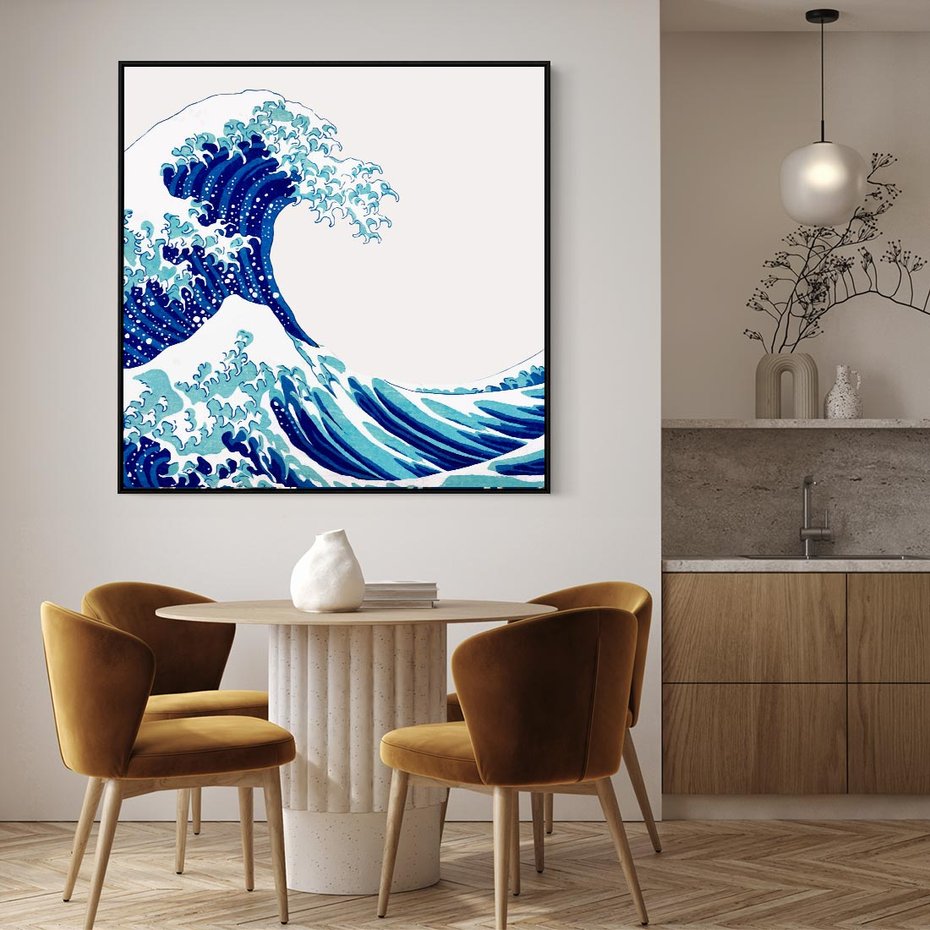 Obraz w ramie 50x50 - Fala Japandi - wielka fala w Kaganawie, obraz Hokusai - rama czarna