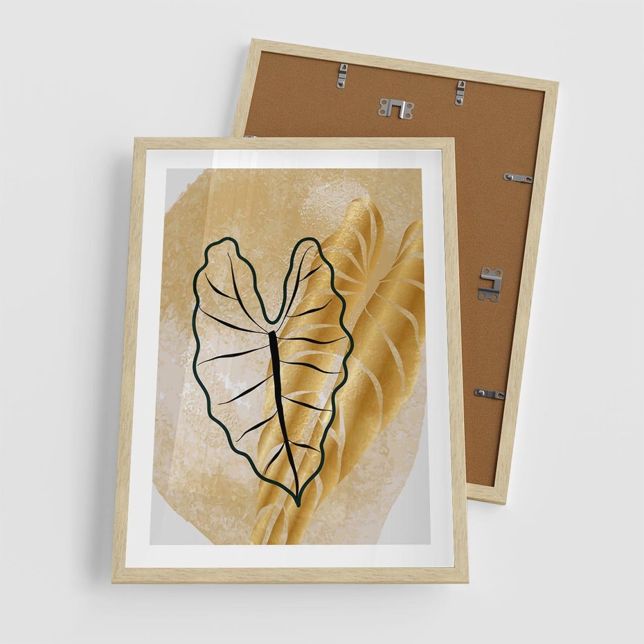 Plakat w ramie 50x70 - Monstera w Złocie - złote liście monstery, grafika - rama drewno