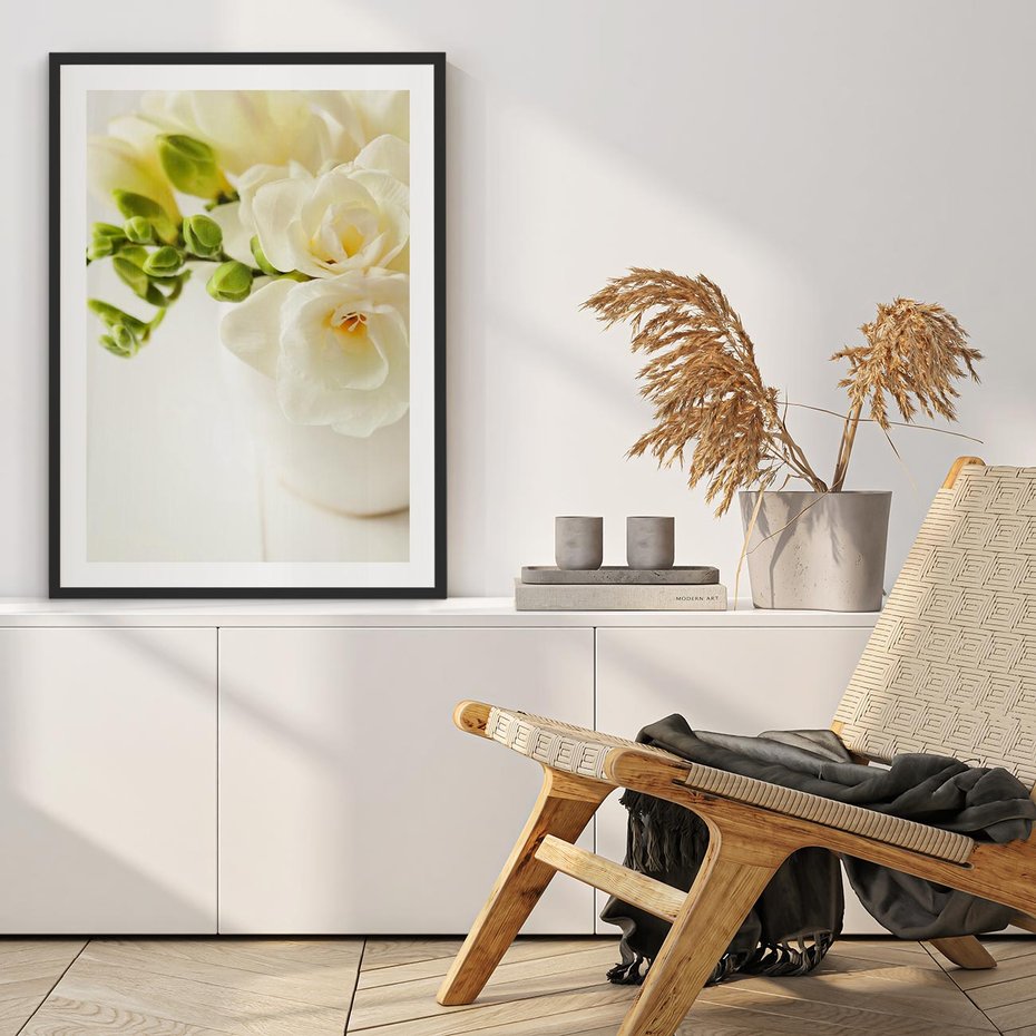 Plakat bez ramy 21x30 - Subtelność białych frezji - frezja, białe