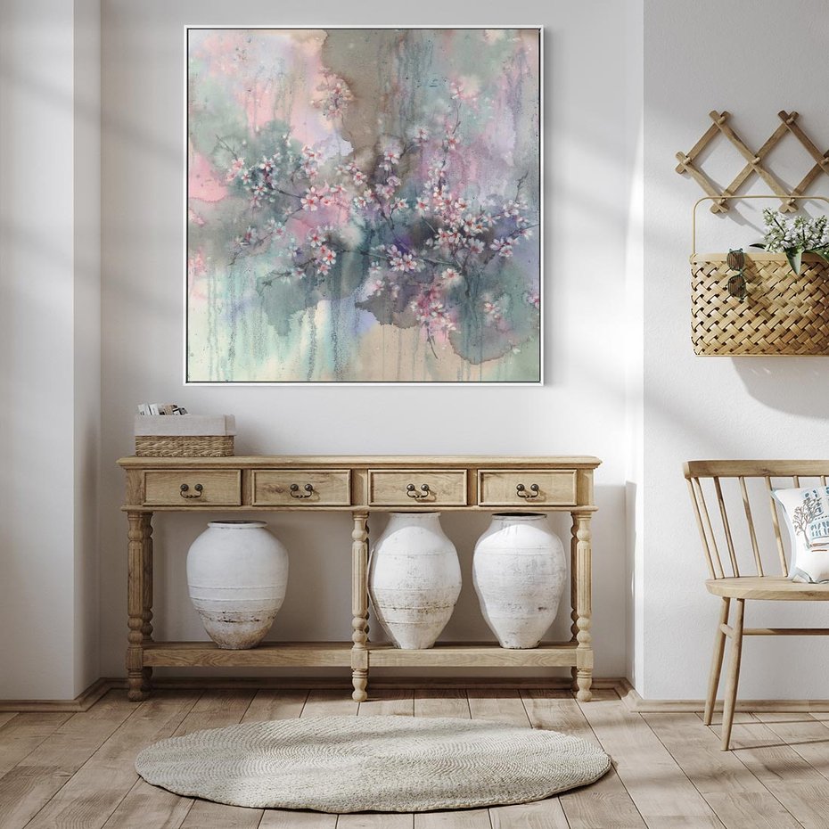 Obraz w ramie 80x80 - Efemeryczne Kwitnienie Drzew - akwarela, rozmyte pastelowe tłó - rama biała