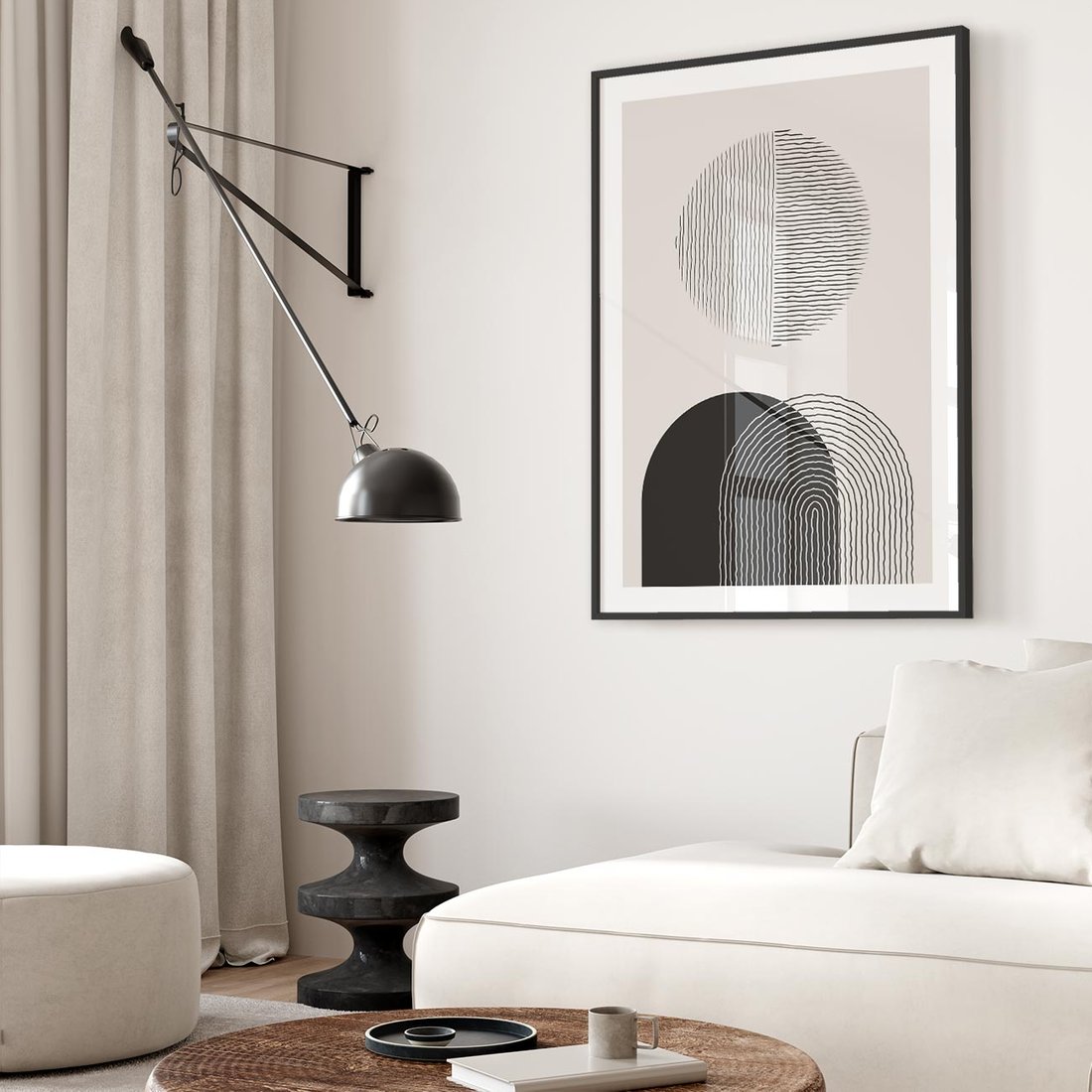 Plakat w ramie 50x70 - Przenikająca Rzeczywistość - abstrakcyjna kompozycja, okręgi i półokręgi - rama czarna
