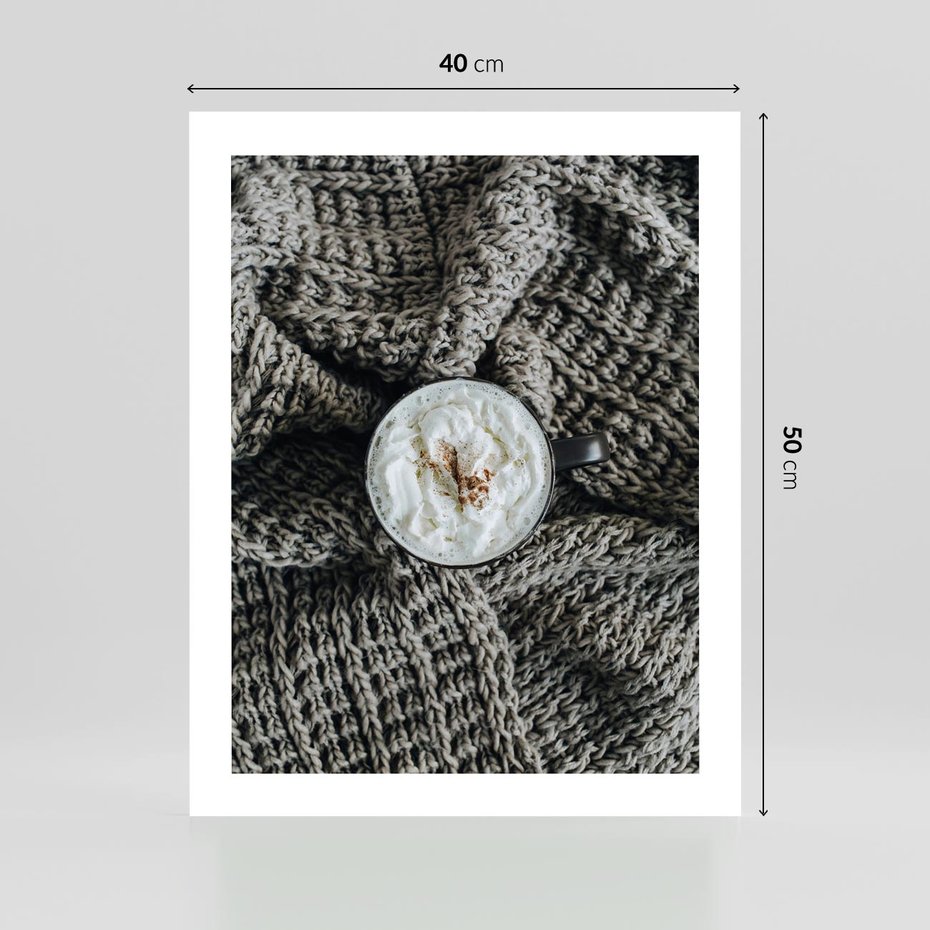 Plakat bez ramy 40x50 - Relaks z Kawą i Kocem - ciepły wełniany koc, kawa z bitą śmietaną