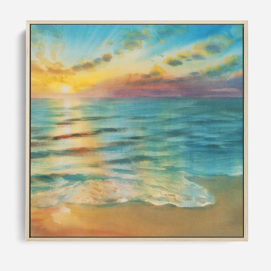 Obraz w ramie 80x80 - Objawienie Fioletowego Świtu - fioletowy wschód słońca, słońce wschodzi nad morzem - rama drewno