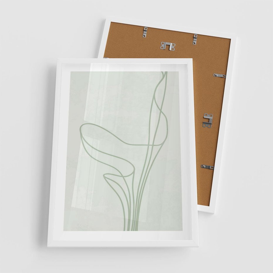 Plakat w ramie 50x70 - Zielona Równowaga Linii - abstrakcyjne delikatne zielone linie, nowoczesny plakat - rama biała