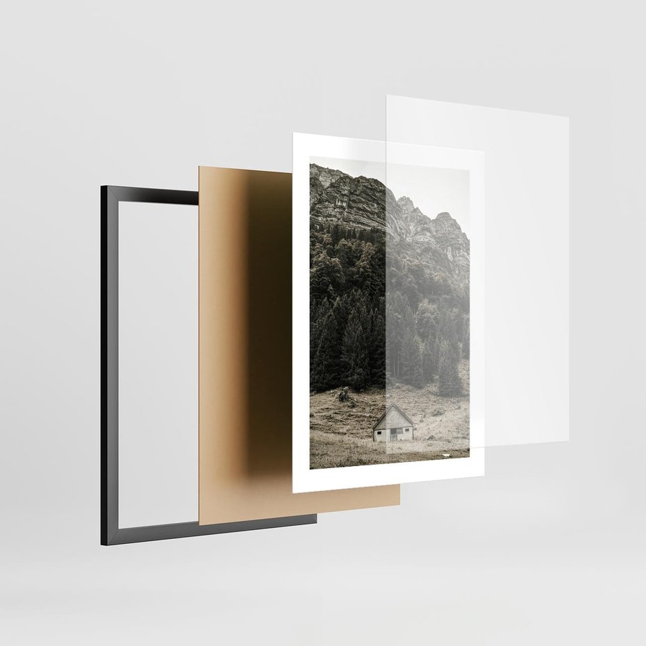 Plakat w ramie 30x40 - Dom w Odcieniach Natury - domek w górach, góry - rama czarna
