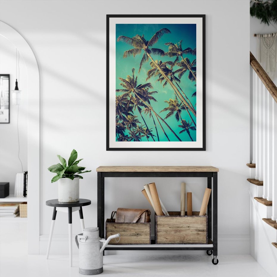 Plakat bez ramy 21x30 - Tropikalne palmy w krainie słonecznych wakacji - palmy, tropiki