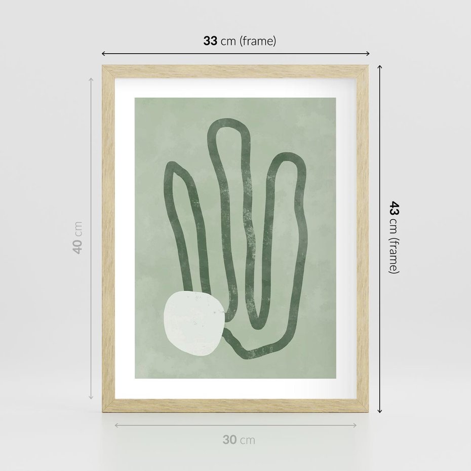 Plakat w ramie 30x40 - Spokojne Kształty Natury - zielona abstrakcja, zgaszona zieleń - rama drewno