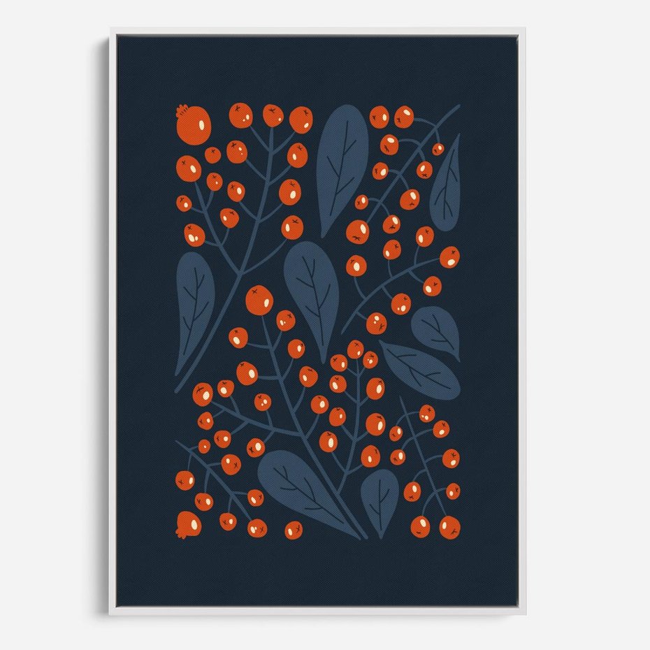 Obraz w ramie 50x70 - Symfonia liści i owoców - granatowe tło, pomarańczowe owoce jarzębiny - rama biała