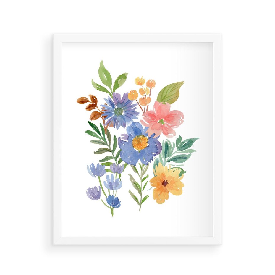 Plakat w ramie 40x50 - Kwiatowe Opowieści - akwarelowe polne kwiaty, minimalistyczna sztuka - rama biała