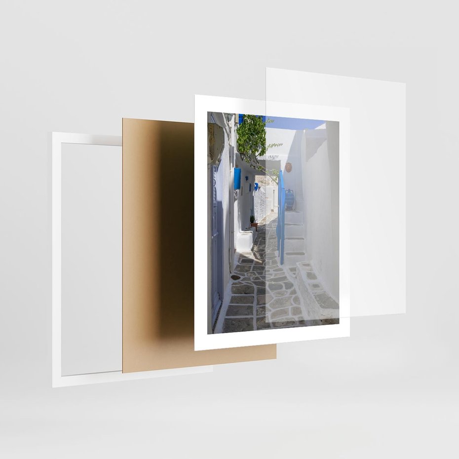 Plakat w ramie 40x50 - Uroki Santorini: Perspektywiczna Uliczka - uliczka, perspektywa - rama biała
