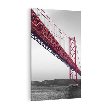 Obraz na płótnie 50x70 - Majestatyczny Most - czarno biała fotografia, czerwony stalowy most nad rzeką