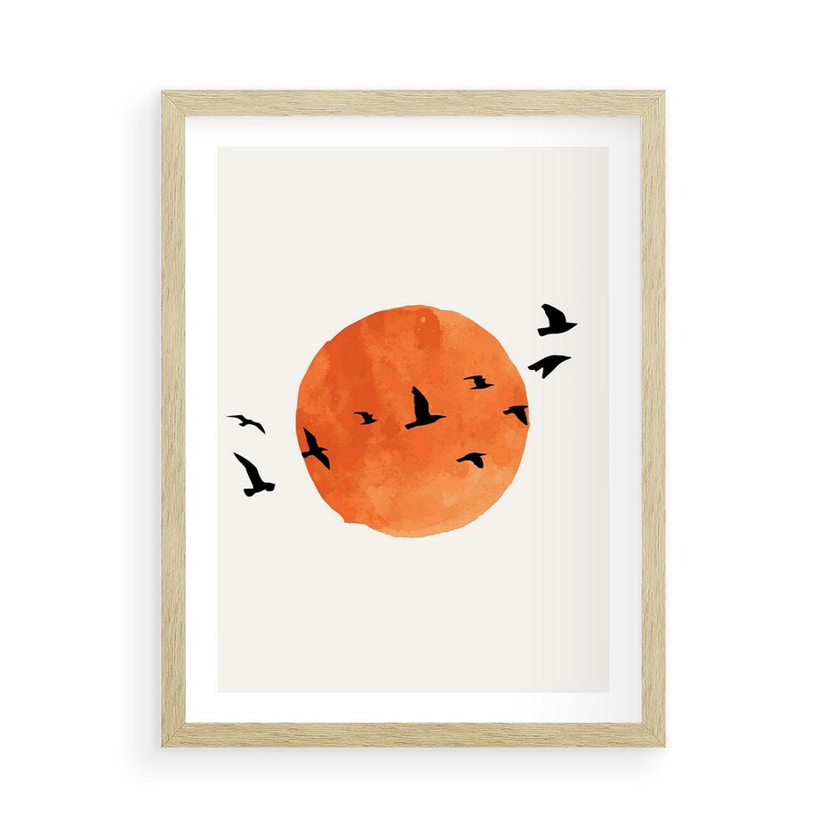 Plakat w ramie 50x70 - Zachód Słońca i Ptaki - grafika akwarela, czarne ptaki na tle zachodu słońca - rama drewno