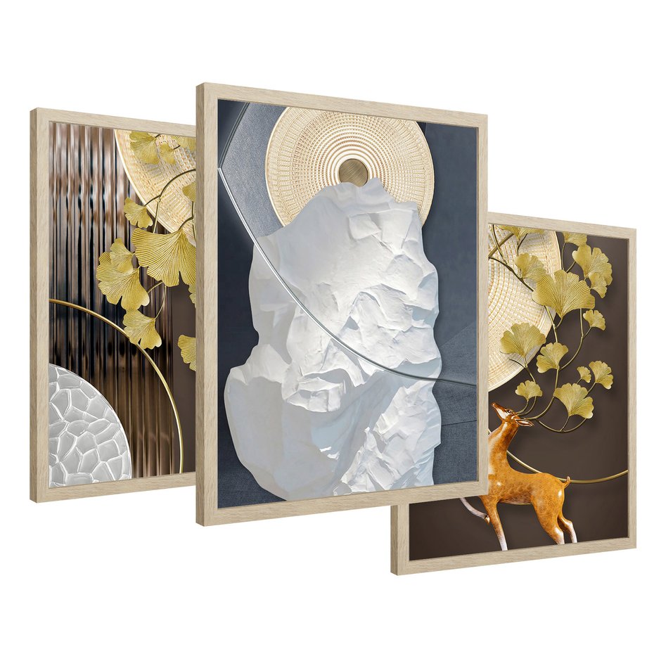 Zestaw obrazy w ramie 30x40 galeria - Japońskie, liście, abstrakcja, nowoczesny - rama drewno