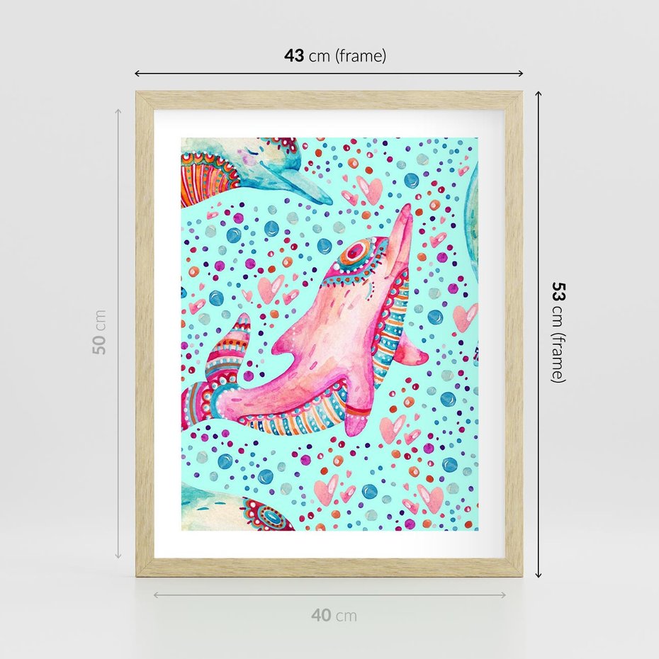 Plakat w ramie 40x50 - Lekkość W Ruchu - delfin, akwarela - rama drewno