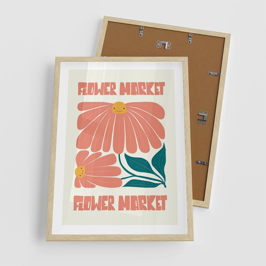 Plakat w ramie 50x70 - Grafika Pełna Radości - wesoła grafika, uśmiechnięte kwiaty - rama drewno