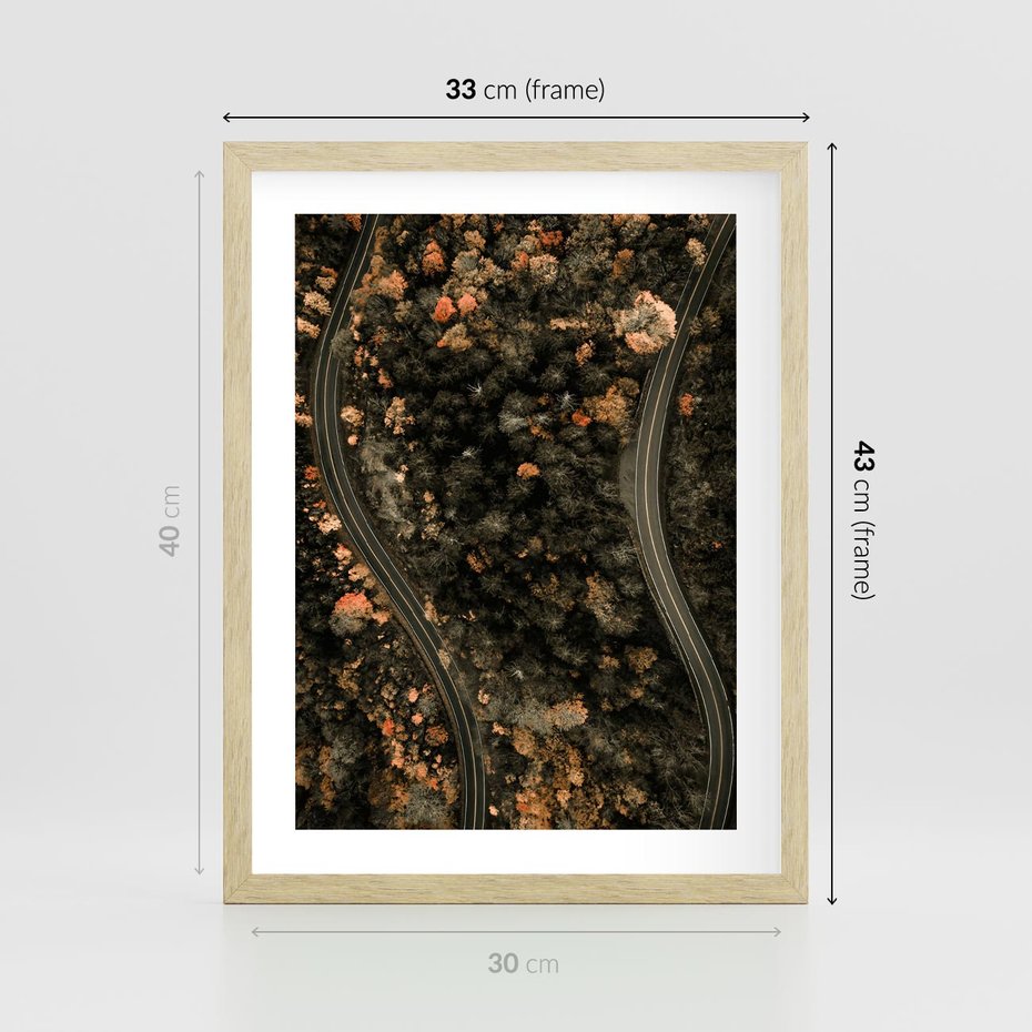Plakat w ramie 30x40 - Las i Droga w Kolorach Jesieni - droga, ujęcie z góry - rama drewno