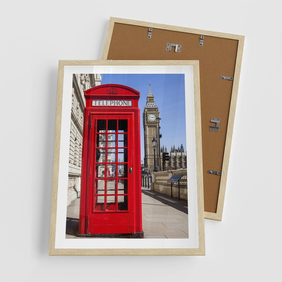 Plakat w ramie 50x70 - Ikoniczna budka telefoniczna w Londynie - budka, telefoniczna - rama drewno