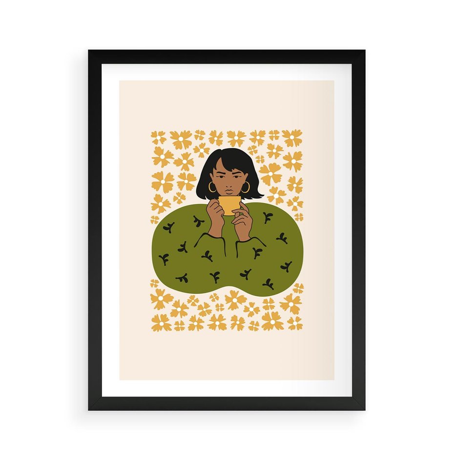 Plakat w ramie 50x70 - Wewnętrzne Fale - nowoczesny plakat, kobieta otoczona liśćmi - rama czarna