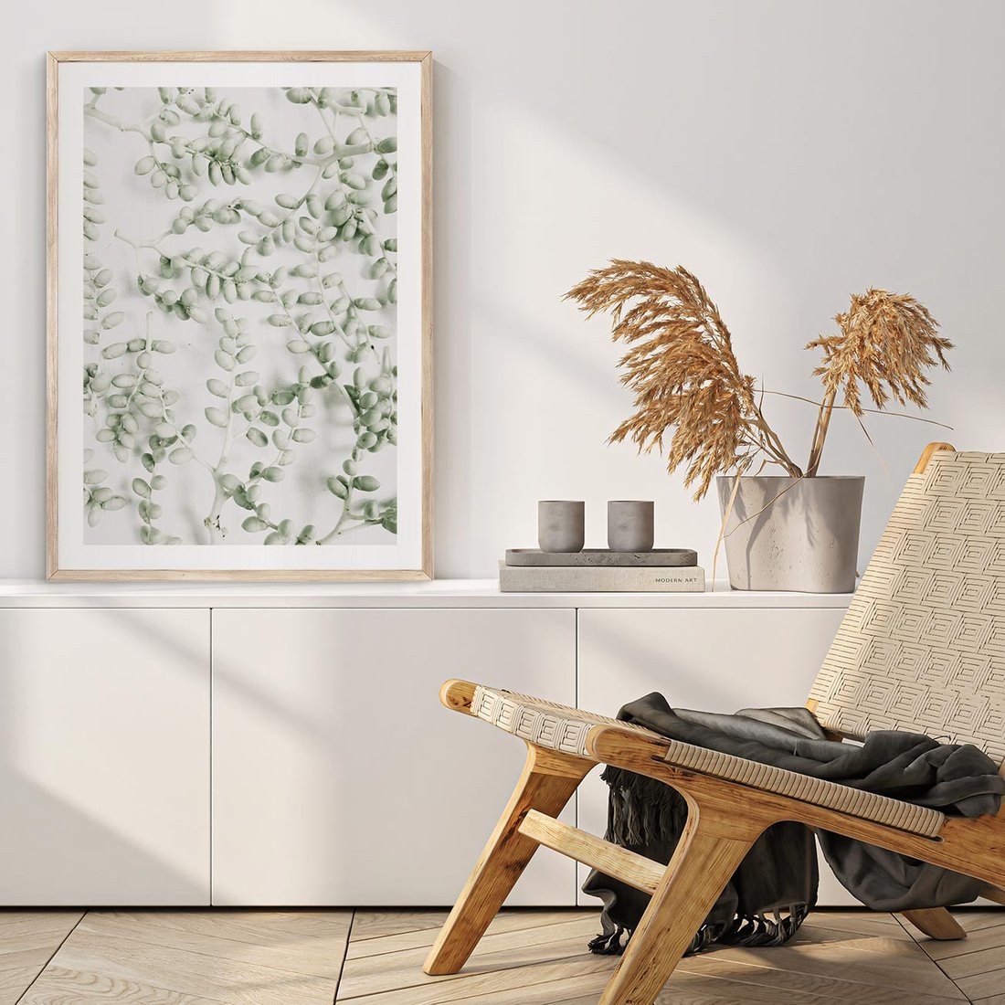 Plakat w ramie 40x50 - Delikatność Zieleni - zielone gałązki, listki - rama drewno
