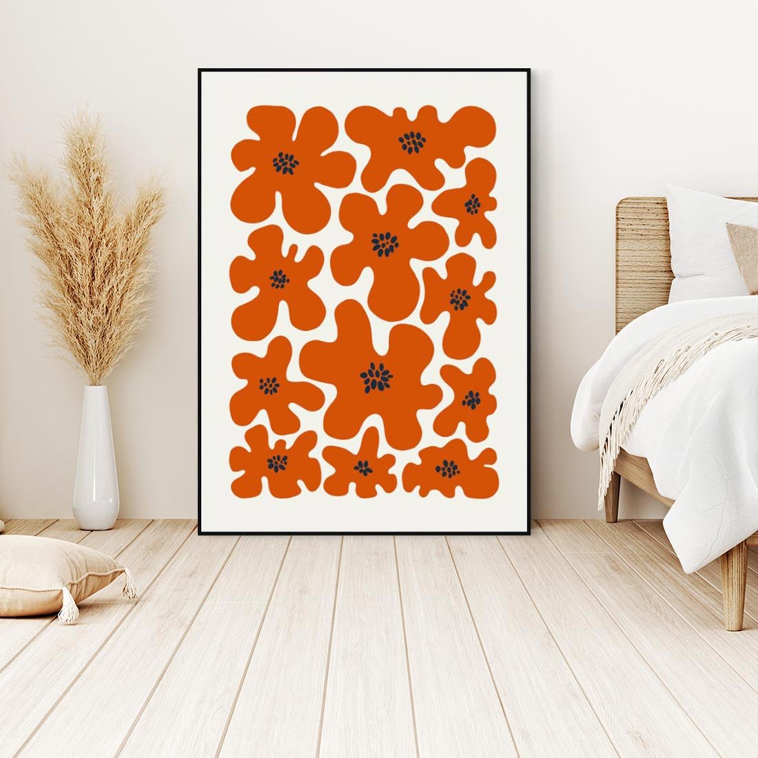 Obraz w ramie 50x70 - Wibracje Przestrzeni - abstrakcyjne czerwone kwiaty, kompozycja - rama czarna