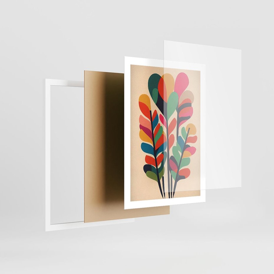 Plakat w ramie 50x70 - Symfonia Wzrokowych Impresji - abstrakcyjny kolorowy tęczowy obraz, inspiracje roślinne - rama biała