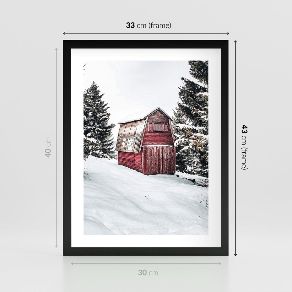 Plakat w ramie 30x40 - Domek w Śnieżnych Górach - domek, góry - rama czarna