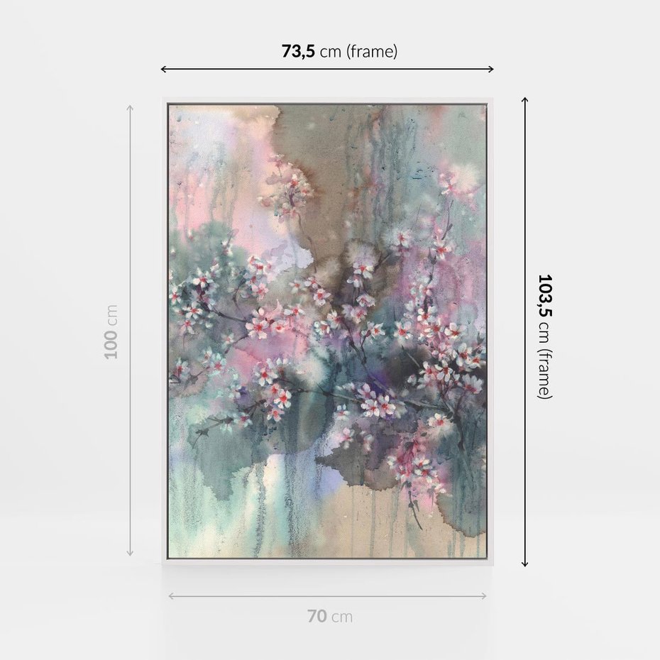 Obraz w ramie 70x100 - Efemeryczne Kwitnienie Drzew - akwarela, rozmyte pastelowe tłó - rama biała