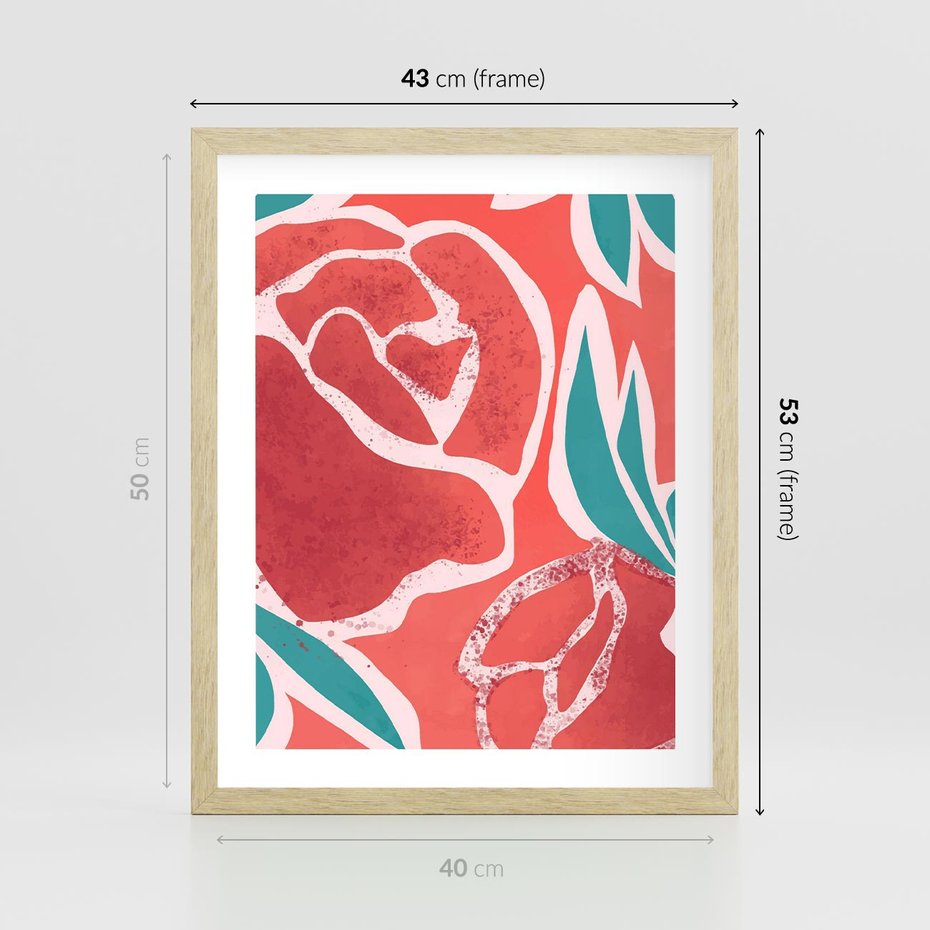 Plakat w ramie 40x50 - Rozkwitające Kształty - nowoczesny plakat, abstrakcyjne róże - rama drewno