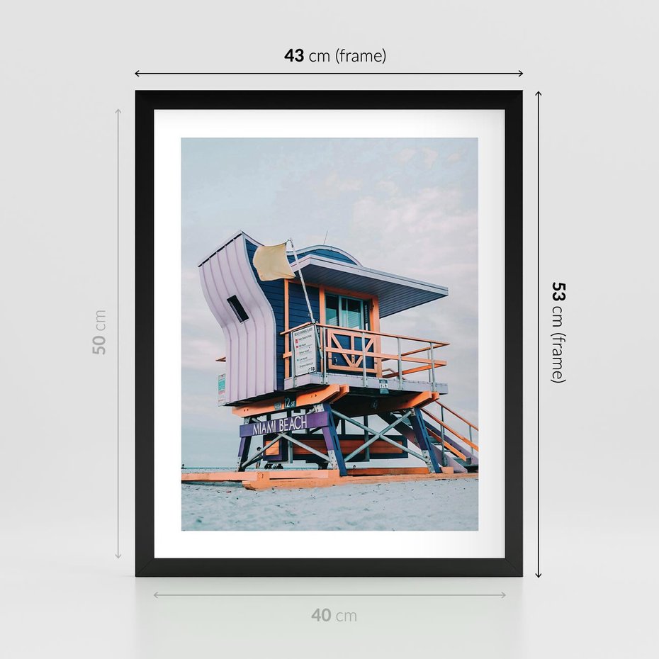 Plakat w ramie 40x50 - Plażowa Kolorystyka: Budka Ratownika w Pastelach - pastelowa budka ratownika, plaża Miami - rama czarna