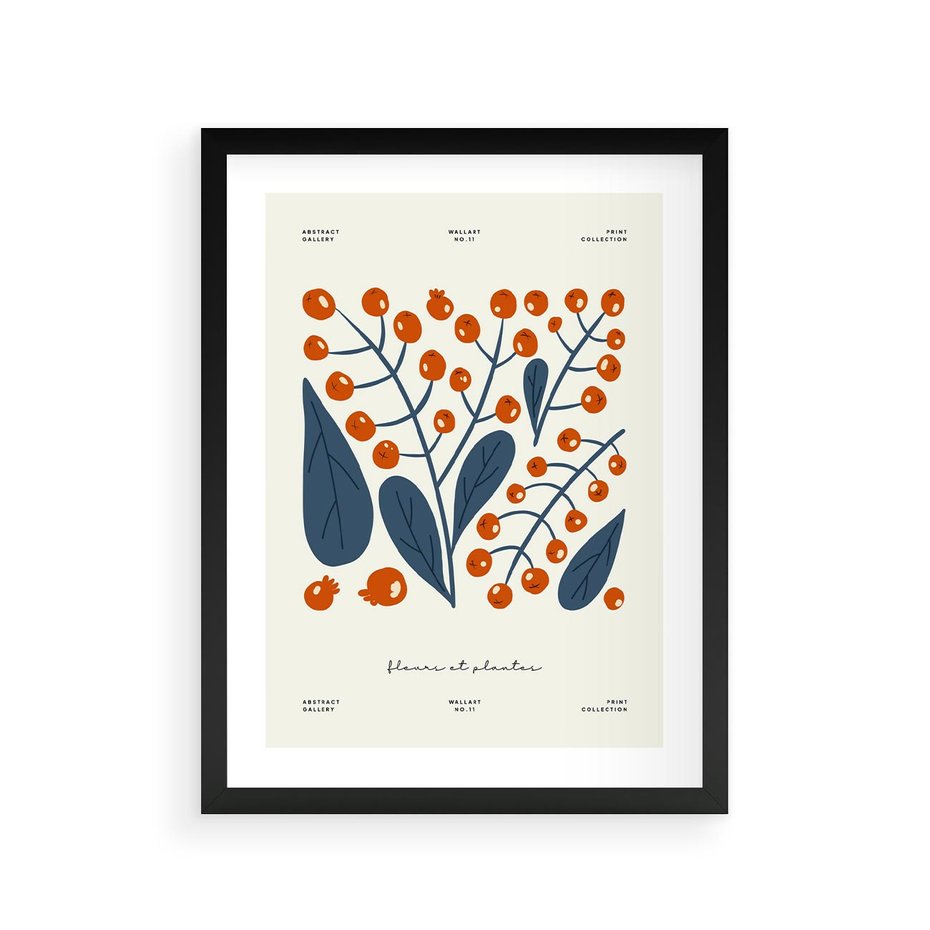 Plakat w ramie 30x40 - Minimalistyczna Uroda Jarzębin - jarzębiny, niebieskie liście - rama czarna