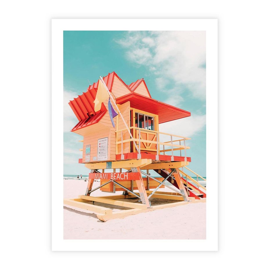 Plakat bez ramy 40x50 - Rajski Widok - plaża miami, domek ratownika