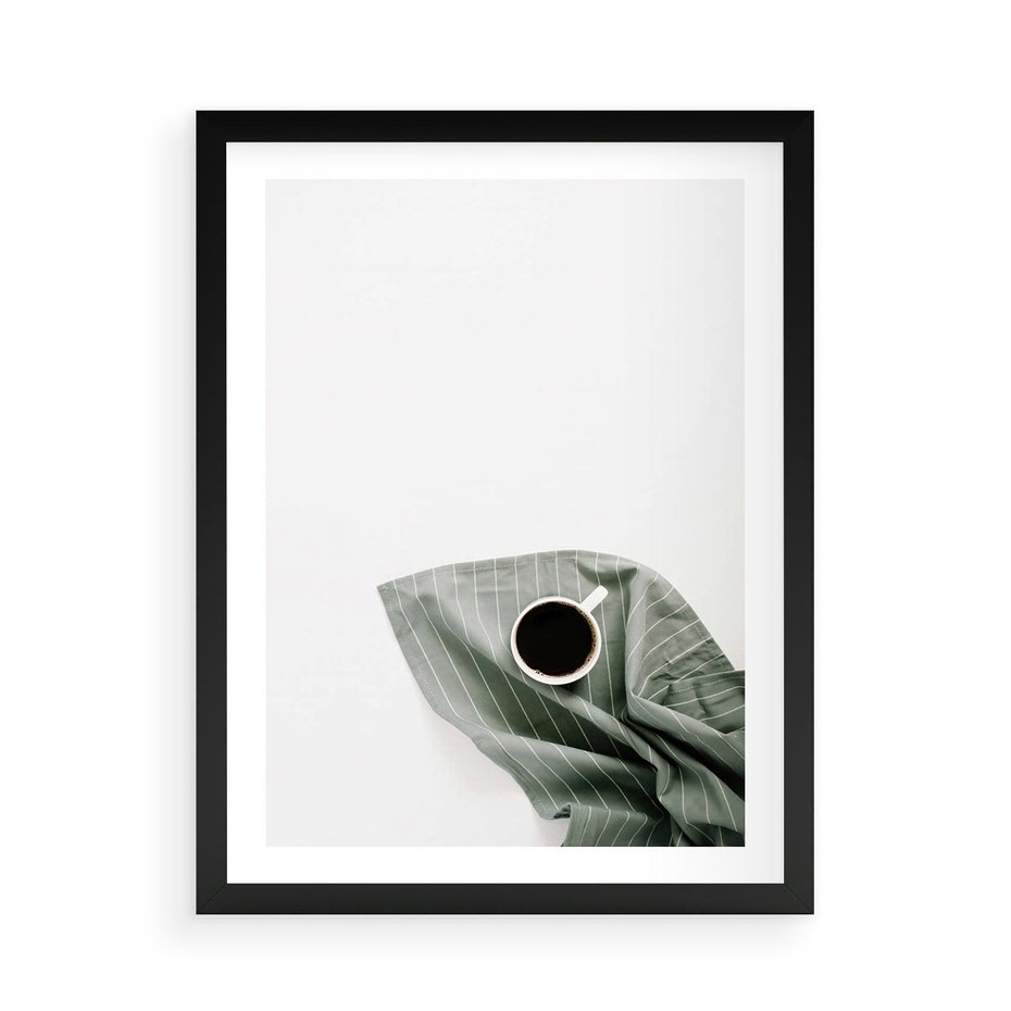 Plakat w ramie 50x70 - Poranek z Kawą - kawa, biała filiżanka - rama czarna