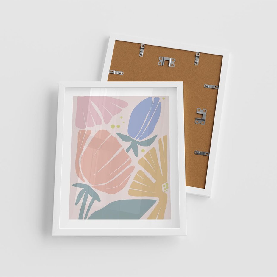 Plakat w ramie 40x50 - Rozkwitające Harmonie Natury - pastelowe kwiaty, na beżowym tle - rama biała