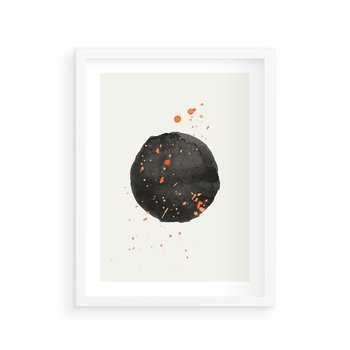 Plakat w ramie 30x40 - Wibracje Kolorów - abstrakcyjna czarna plama, rozsiane pomarańczowe kropki - rama biała
