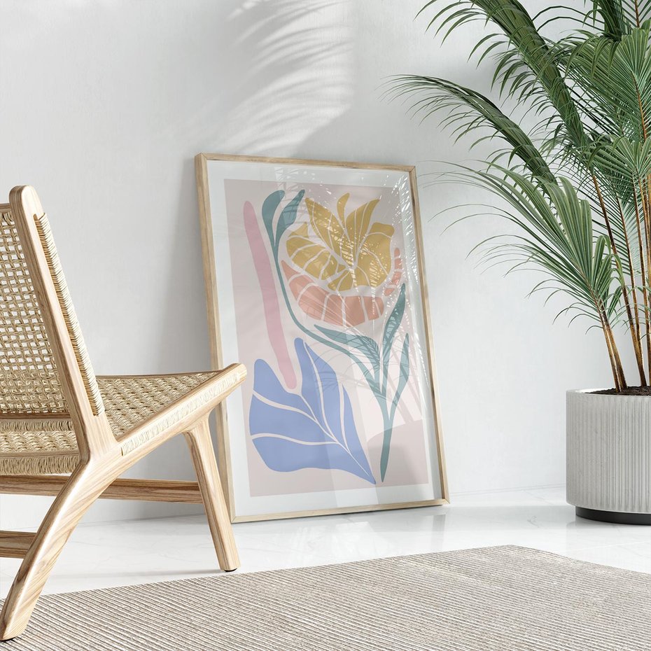 Plakat w ramie 50x70 - Wyjątkowe Ukojenie - pastelowe kwiaty, na beżowym tle - rama drewno