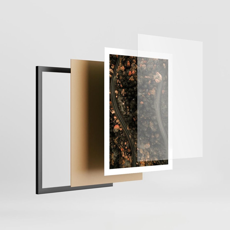 Plakat w ramie 50x70 - Las i Droga w Kolorach Jesieni - droga, ujęcie z góry - rama czarna