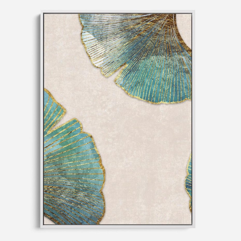 Obraz w ramie 70x100 - Złota Melodia Liści - złote, turkusowe liście miłorzębu - rama biała