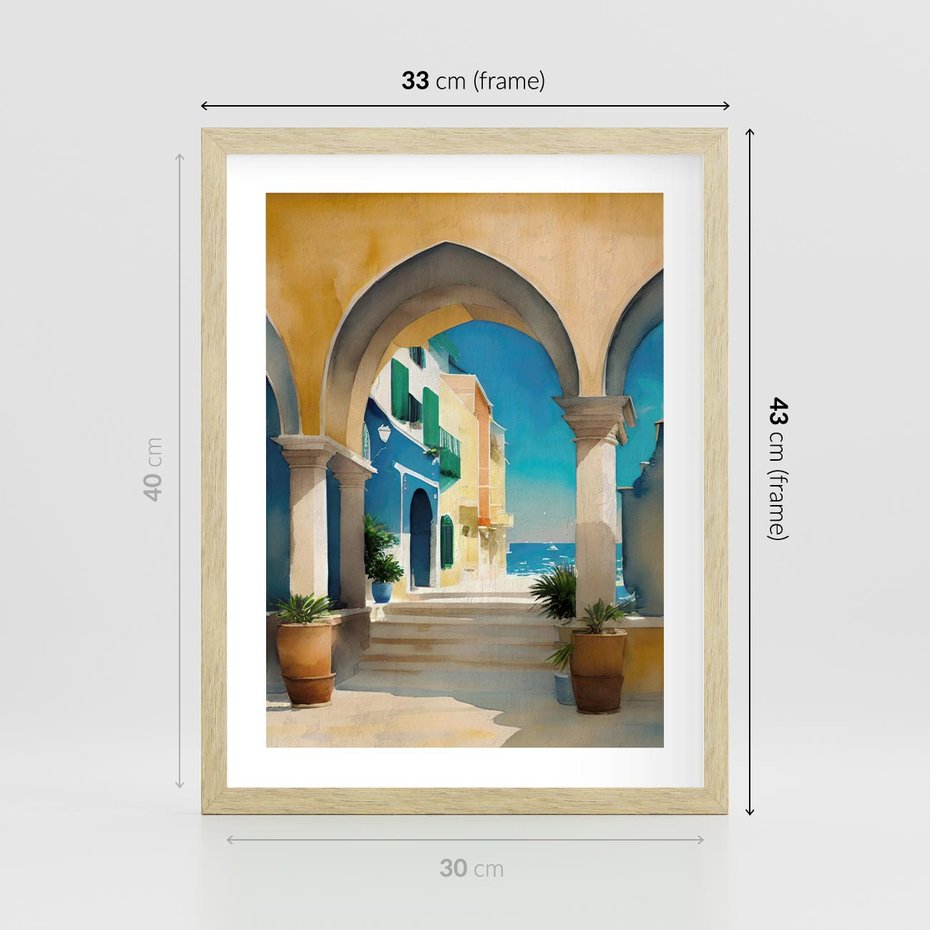Plakat w ramie 30x40 - Nadmorskie Łuki - akwarela, śródziemnomorski klimat - rama drewno