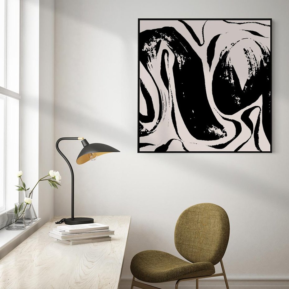 Obraz w ramie 50x50 - Wibracje w ciemnościach duszy - czarno biała abstrakcja, nieregularne rozmyte linie - rama czarna