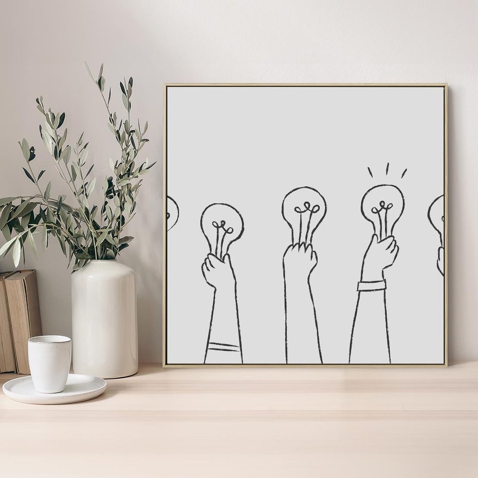 Obraz w ramie 50x50 - Idea w Rękach - szkic, grafika - rama drewno