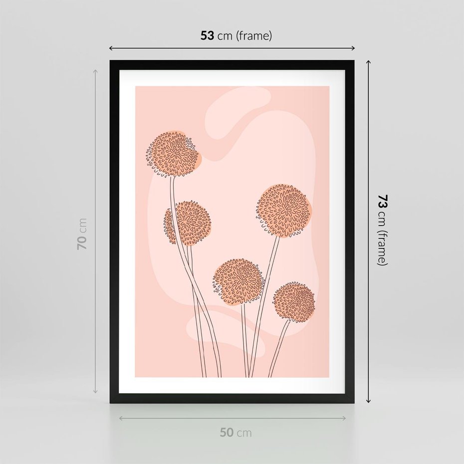 Plakat w ramie 50x70 - Rozkwitające Emocje - minimalistyczny plakat, pudrowe kwiaty - rama czarna