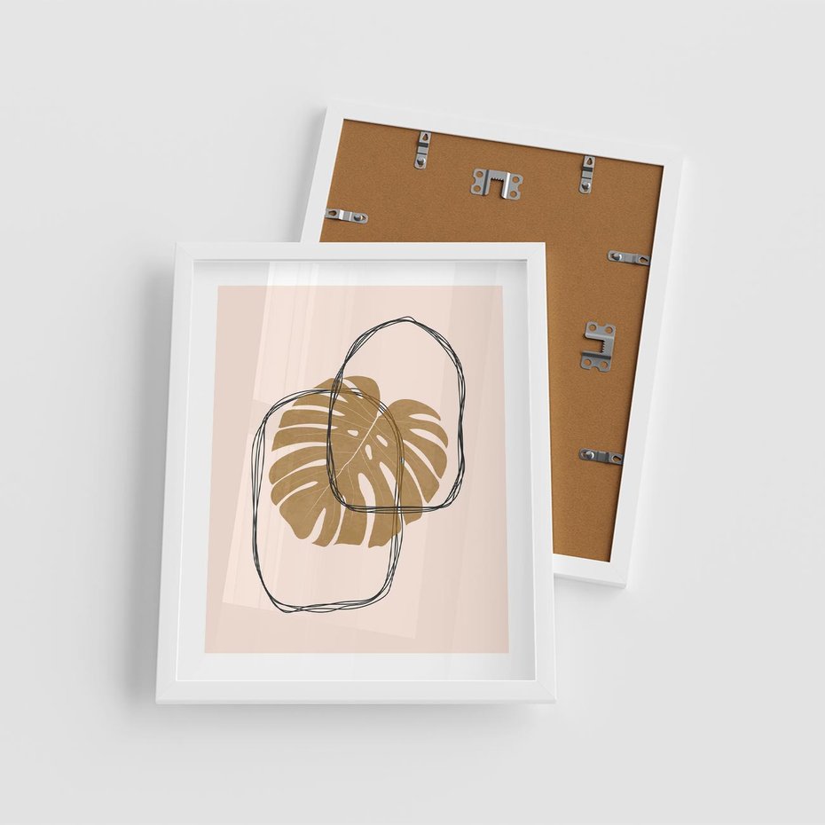 Plakat w ramie 40x50 - Liście w Beżowym Minimalizmie - minimalistyczny obraz, liście monstery - rama biała