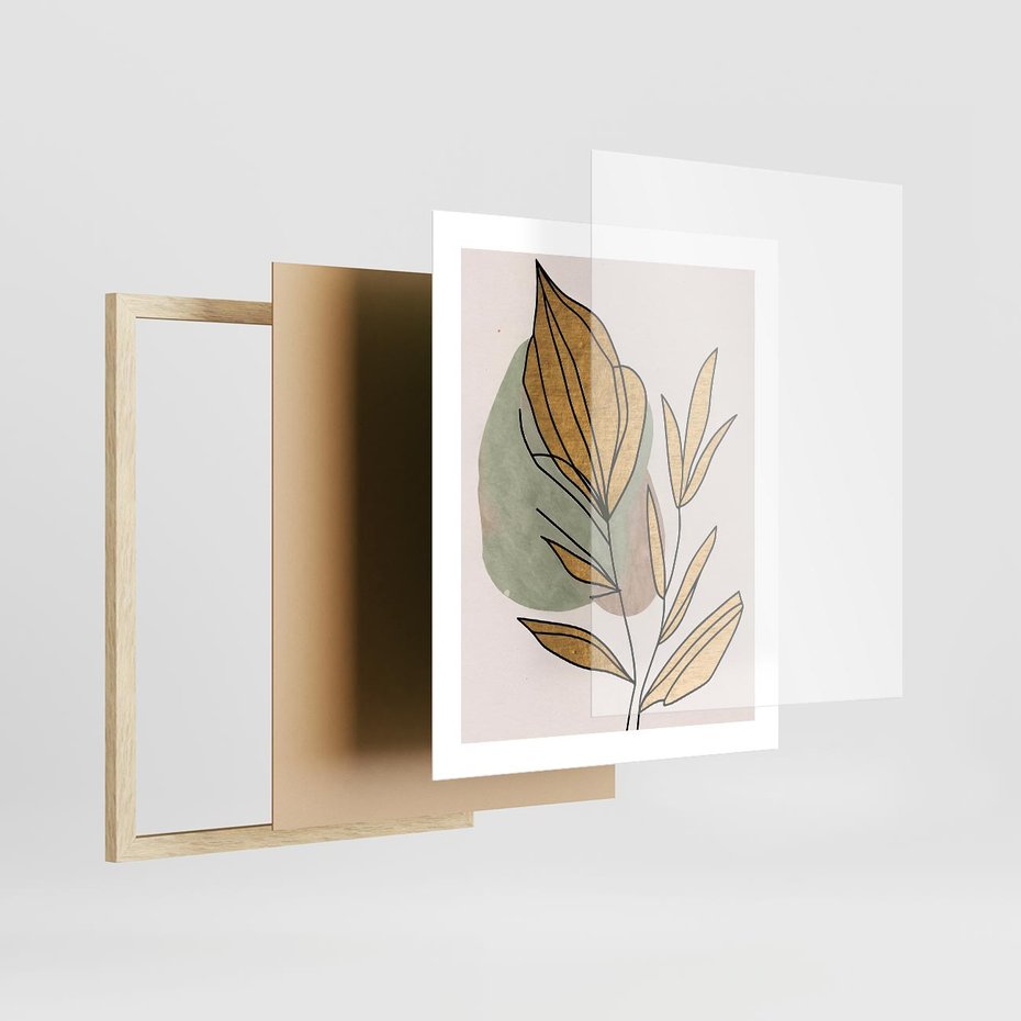 Plakat w ramie 40x50 - Rozkwitające Wnętrza Światła - abstrakcyjny obraz boho, liście - rama drewno