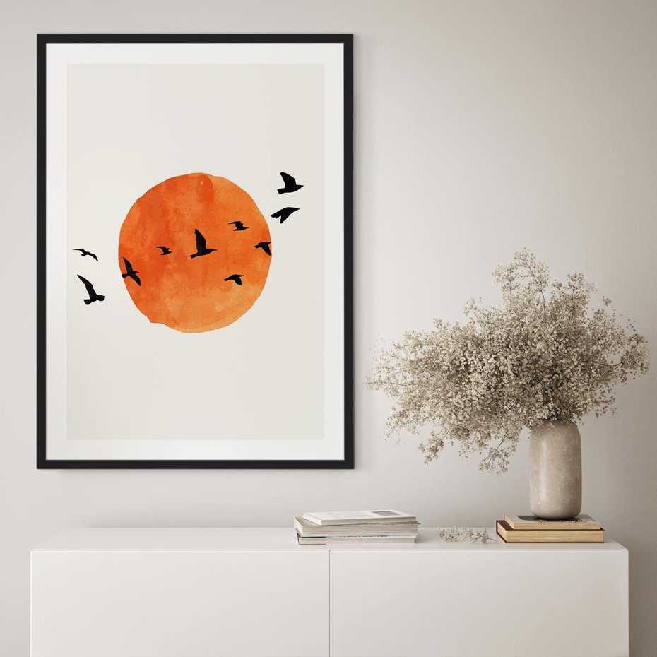 Plakat w ramie 30x40 - Zachód Słońca i Ptaki - grafika akwarela, czarne ptaki na tle zachodu słońca - rama czarna