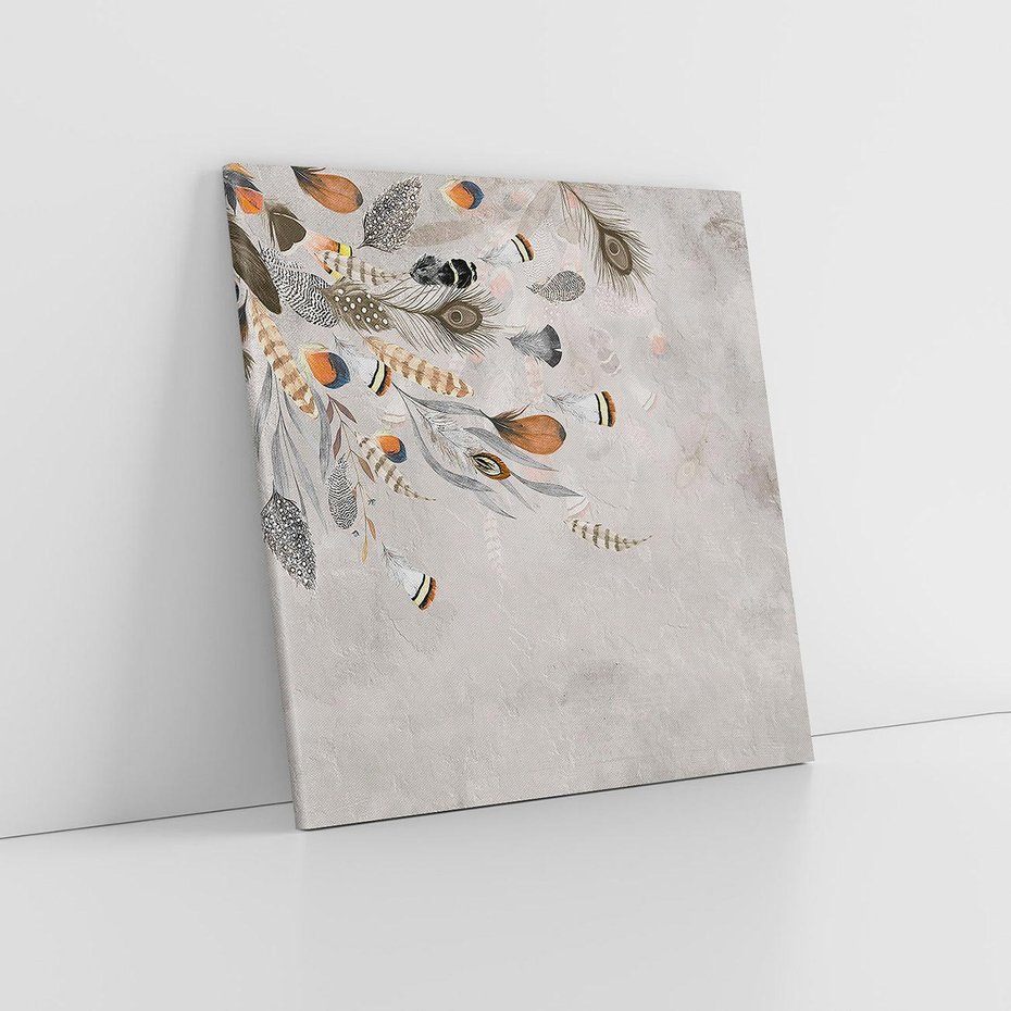 Obraz na płótnie 60x60 - Sploty losu na płótnie - kompozycja boho piór, indiańskie pióra