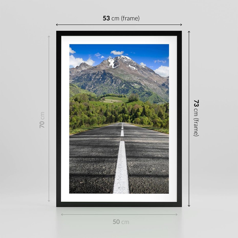 Plakat w ramie 50x70 - Droga przez góry: podróż do przygody - droga, góry - rama czarna